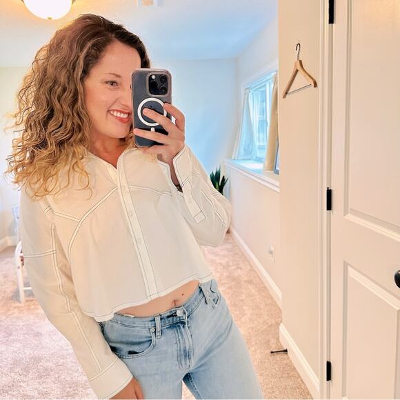 NWT SOLID & STRIPED White Cropped Long Sleeve Cotton Top Small - Picture 1 of 9